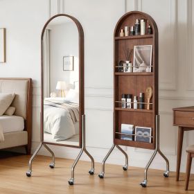 Arched Full Length Mirror with Storage Shelves & Wheels, Rubber Wood Frame Floor Mirror, Freestanding Rolling Mirror with Cart