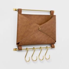 Brown Faux Leather & Gold Wall Mounted Entryway Organizer, 14 Inch Mail Holder with Hooks